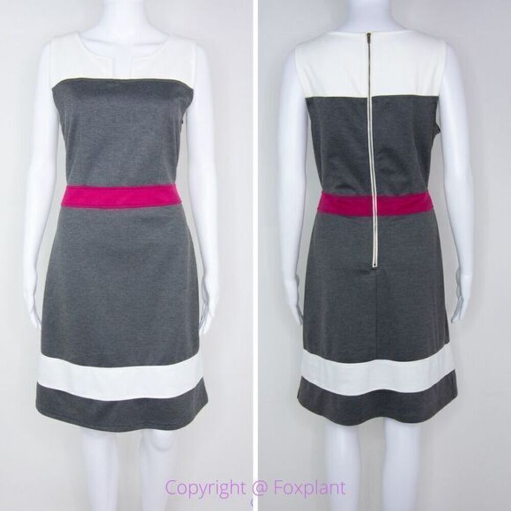 Stitch Fix 41 Hawthorn gray and white dress pink waist A-line midi dress,  M‎